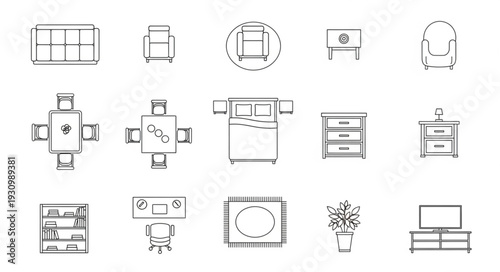 Collection of hand-drawn furniture sketches for interior design.