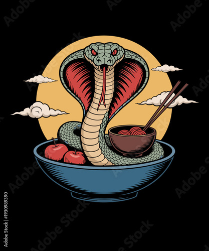 Funny Japanese Kawaii Snake Eating Ramen Ball Python