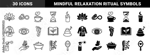 Mindful wellness and holistic spa symbols featuring hybrid concepts like lotus lightbulb and hourglass feather in both linear and solid styles