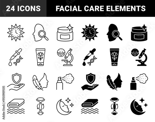 Dermatology and skincare hybrid icons featuring sun clock protection dna helix molecular serum dropper and facial massage roller in outline and solid style