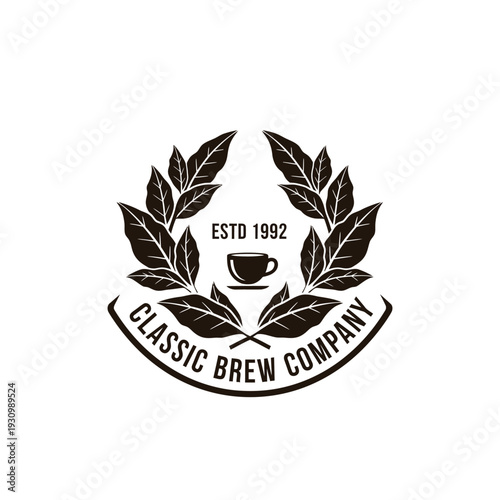 Coffee cup and leaf wreath logo for vintage cafe branding Classic Brew Company