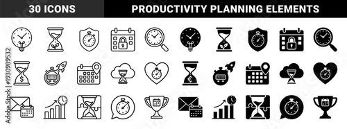 Hybrid productivity and time management symbols merging clocks with lightbulbs hourglasses with plants and stopwatches with rocket ships in linear and solid styles