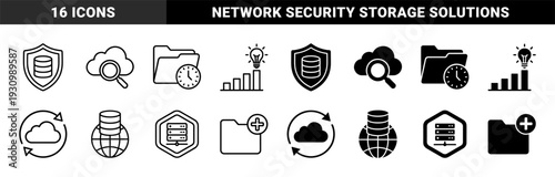 Hybrid data management and cloud storage infrastructure icons featuring database security shields synchronized folders and global network connectivity in outline and solid styles