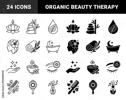 Collection of holistic wellness and beauty spa symbols featuring hybrid designs of lotus flowers herbal remedies and organic self care therapy elements