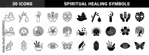Collection of holistic wellness and spiritual healing symbols featuring hybrid organic designs like lotus eyes and botanical medicine bottles in outline and solid styles