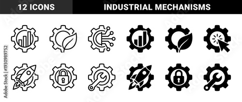 Hybrid industrial gear icons merging mechanical cogwheels with data charts growth leaves rocket ships security locks and communication towers