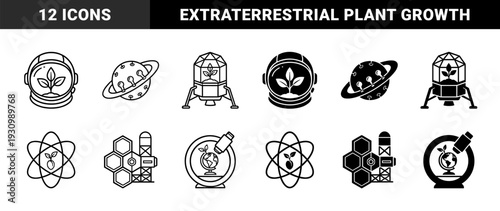 Biotechnology and space exploration hybrid symbols featuring botanical growth inside astronaut helmets laboratory equipment and celestial bodies