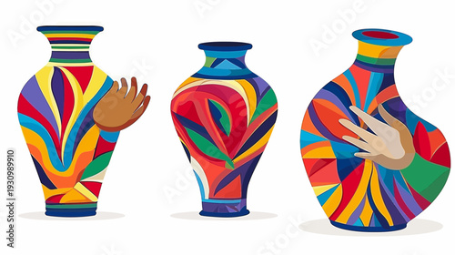 Three colorful abstract vases with hand-like shapes integrated into the design, on a white background