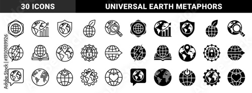 Global logistics and environmental sustainability hybrid symbols featuring earth globes merged with growth charts shields gears and heart shapes