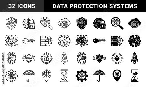 Cybersecurity and Artificial Intelligence Hybrid Symbols Featuring Encrypted Brains Data Protection Shields and Biometric Network Security Elements