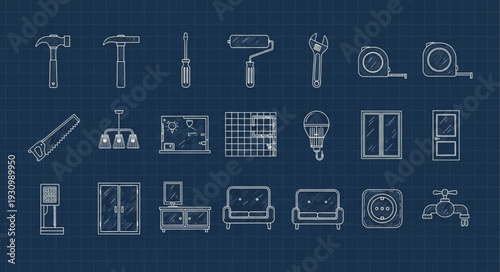 Collection of architectural and interior design elements blueprint style.
