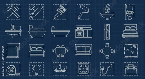 Fotografie Collection of architectural and interior design icons on blue background