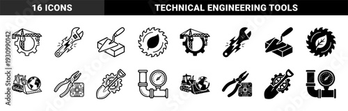 Hybrid industrial construction and engineering symbols merging heavy machinery with technical components in line and solid styles for manufacturing