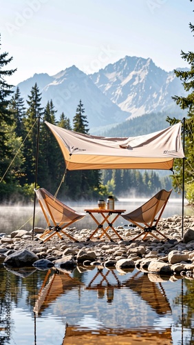 Tranquil Camping Setup by Serene Lake Surrounded by Majestic Mountains