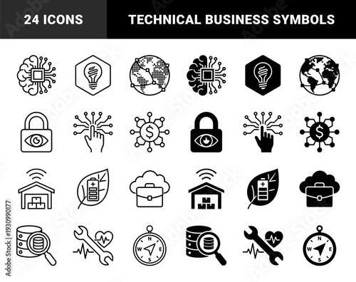 Hybrid conceptual icons merging technology with business and nature featuring circuit brain global connectivity security surveillance and sustainable energy storage