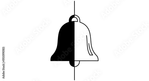 Black and white illustration of a bell with a rope attached to it. Vector