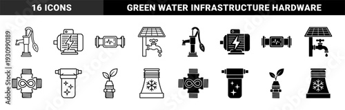Hybrid industrial water infrastructure symbols merging eco friendly nature elements with plumbing hardware for sustainable utility management systems