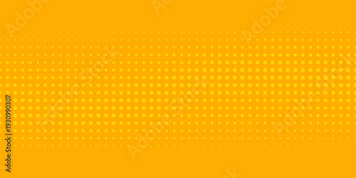 Yellow halftone pattern. Retro comic gradient background. Bright orange pixelated dotted texture overlay. Cartoon pop art faded gradient pattern. Vector backdrop for poster, banner, advertisement