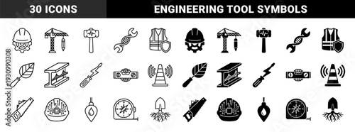 Construction and Engineering Hybrid Symbols merging Industrial Tools with Organic and Scientific Elements featuring Outline and Silhouette Styles