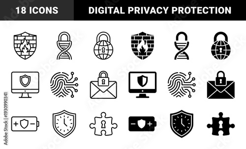 Cyber security and data protection symbols merging digital safety concepts with physical hardware elements including firewall brick dna lock and shield metaphors