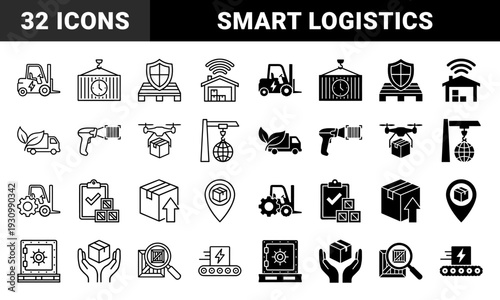 Sustainable logistics and smart warehouse management icons featuring hybrid symbols for electric transport renewable energy and global shipping tracking