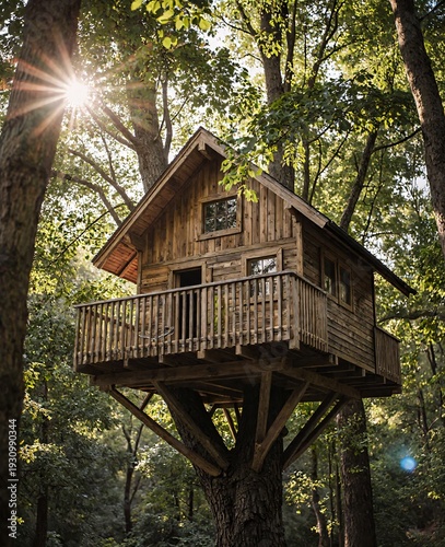 Cozy Wooden Treehouse Surrounded by Lush Green Forest Nature