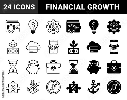 Hybrid financial investment and wealth management concept icons featuring money growth bulb gear clock and puzzle piece in dual outline and solid style