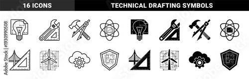 Engineering and Architecture Design Symbols Featuring Hybrid Blueprints Merged with Construction Tools Drafting Rulers and Industrial Energy Elements