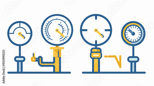 Flat vector illustration of four pressure gauges in blue and yellow colors, isolated on white background