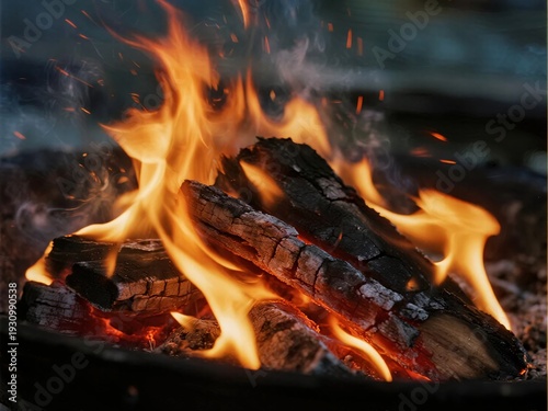 Vibrant Campfire Flames Dancing Over Charred Logs in Outdoor Setting