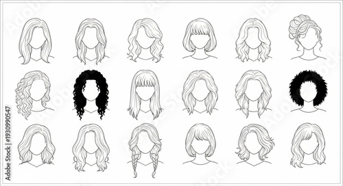 Collection of diverse hairstyles and hair textures illustrated in black and white.
