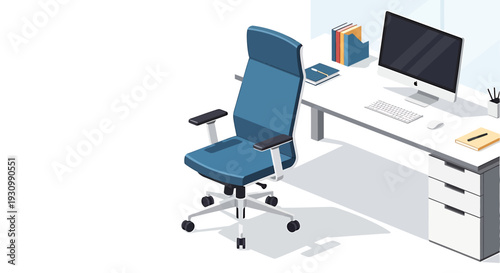 Blue Office Chair with Desk and Computer.