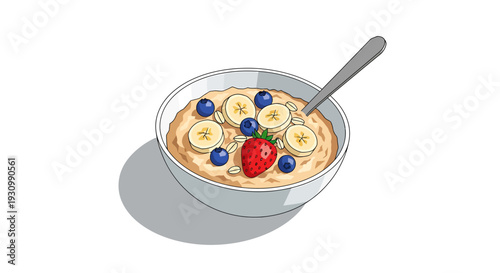 Bowl of Oatmeal with Fresh Fruit and Spoon.