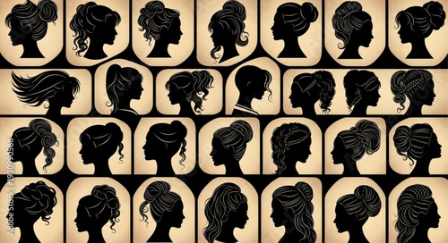 Collection of diverse female hairstyles silhouettes in profile view.