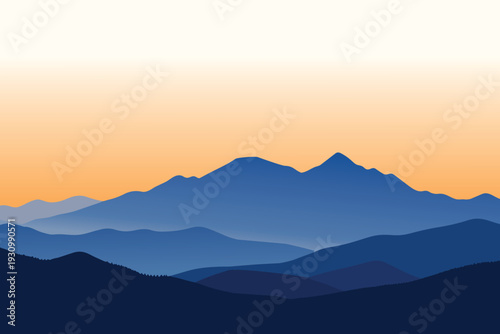 Misty mountain landscape at sunrise and sunset with hills and forest peaks
