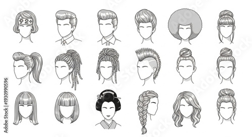 Collection of Diverse Hairstyles Hand Drawn Sketches.