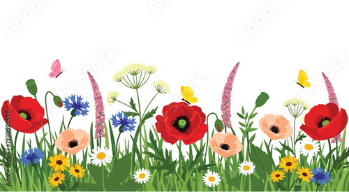 A vibrant spring nature landscape featuring a floral meadow of daisies and green grass under a sunny sky with butterflies, perfect for a summer garden vector illustration or Easter decoration