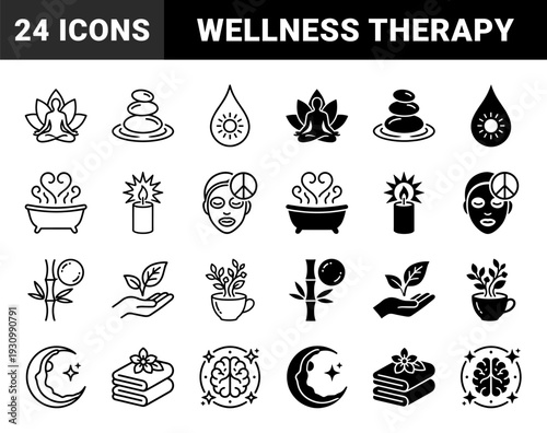 Wellness and Mindfulness Hybrid Symbols Featuring Lotus Meditation Figures Steaming Baths Healing Plants and Celestial Night Spa Elements
