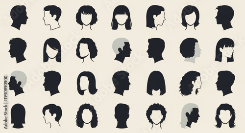 Collection of Diverse Human Head Silhouettes Facing Different Directions.