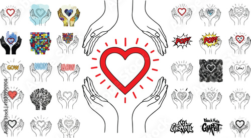 Abstract floral vector illustration with a red heart symbol and romantic silhouette shapes for a Valentine Day wedding card design