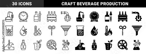 Hybrid distillery and laboratory icons merging traditional craft brewing elements with scientific measurement tools in dual outline and solid styles