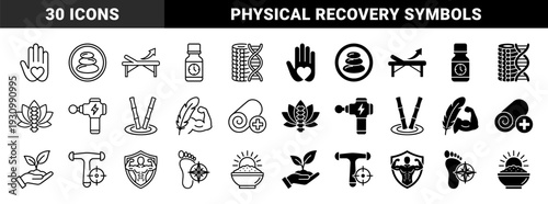 Wellness and holistic therapy symbols featuring hybrid conceptual designs merging anatomy with nature and recovery equipment in linear and solid styles