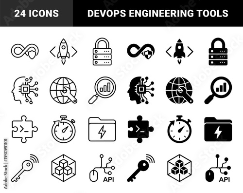 Hybrid Software Development and Cloud Computing Icons Featuring Devops Loop Shield Rocket Launch Logic Puzzle and API Integration Symbols