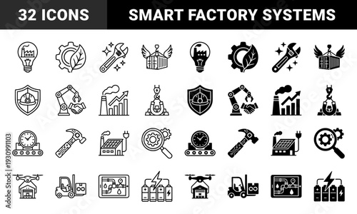 Industrial Manufacturing and Sustainable Energy Hybrid Symbols featuring Smart Factory Automation Green Technology and Heavy Machinery Logistics