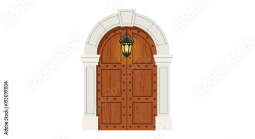 Brown Wooden Arched Door.
