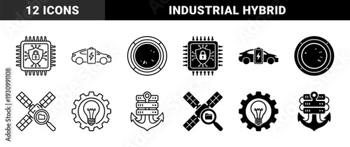 Hybrid Industrial Technology and Cybersecurity Icon Set Featuring Processor Shield Electric Vehicle Battery Satellite Data and Infrastructure Server Anchor Symbols