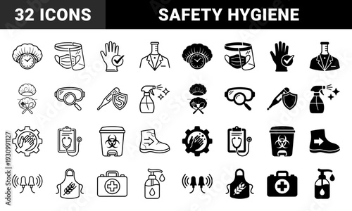 Hybrid laboratory safety and food processing hygiene symbols combining medical protection equipment with industrial manufacturing and sanitary control protocols