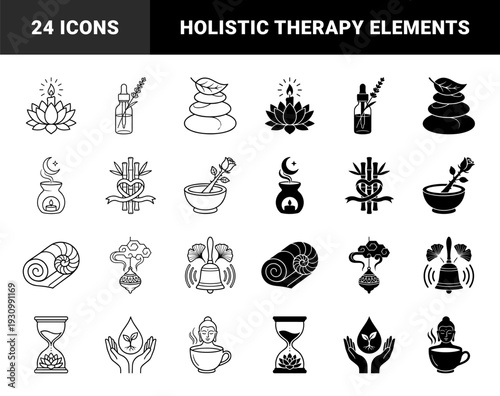 Mindfulness and wellness hybrid symbol collection featuring lotus candle bamboo heart and zen stone motifs in linear and solid black styles