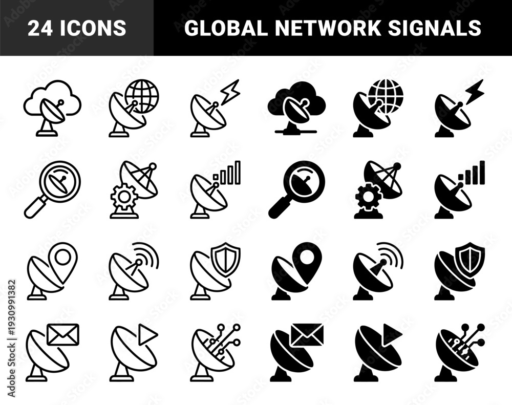 Fototapeta premium Satellite dish communication symbols merging parabolic antennas with cloud computing global network data signals and security shield metaphors in hybrid style