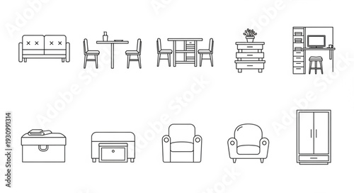 Collection of Hand Drawn Furniture Icons for Interior Design.